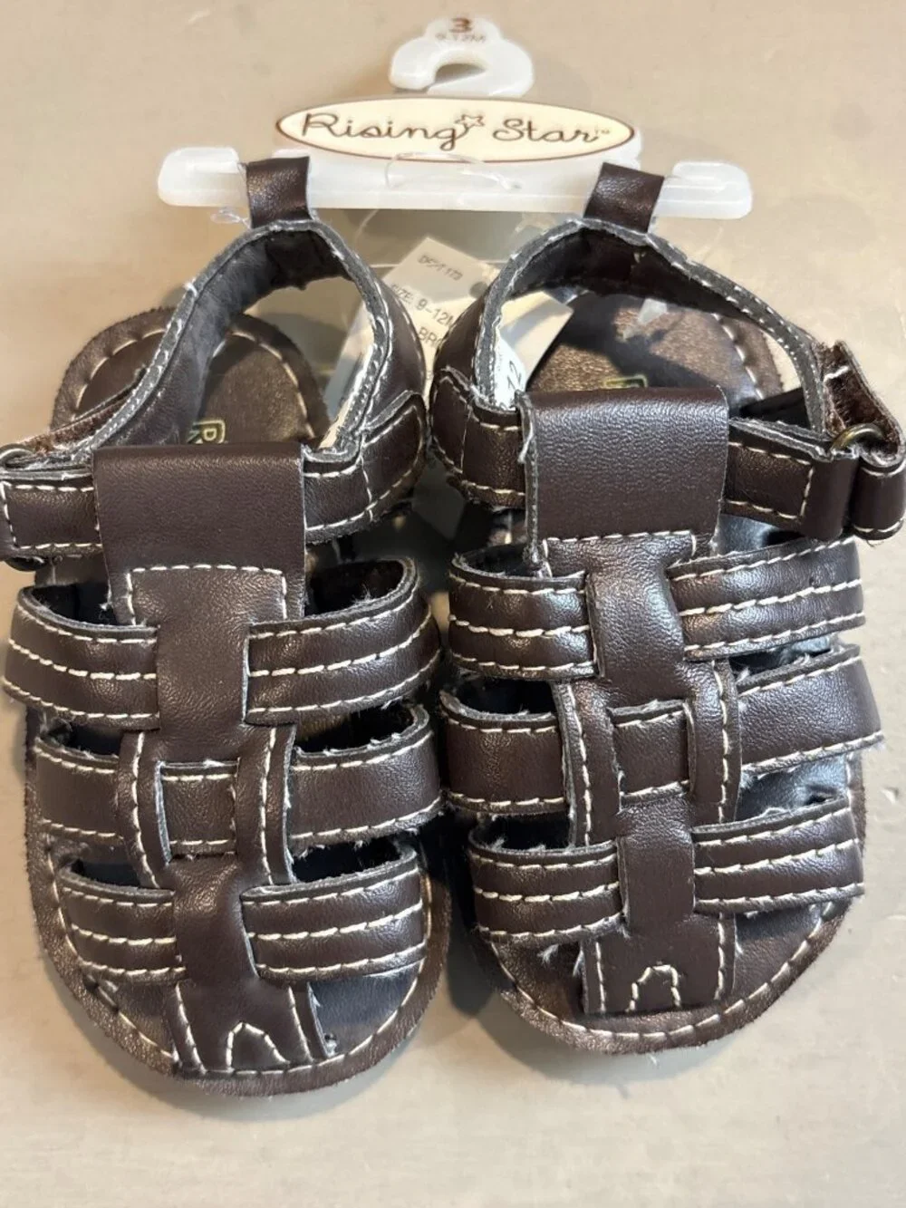 Rising Star Baby Sandals Brown Faux Leather Size 9-12M With Hook & Loop Closure